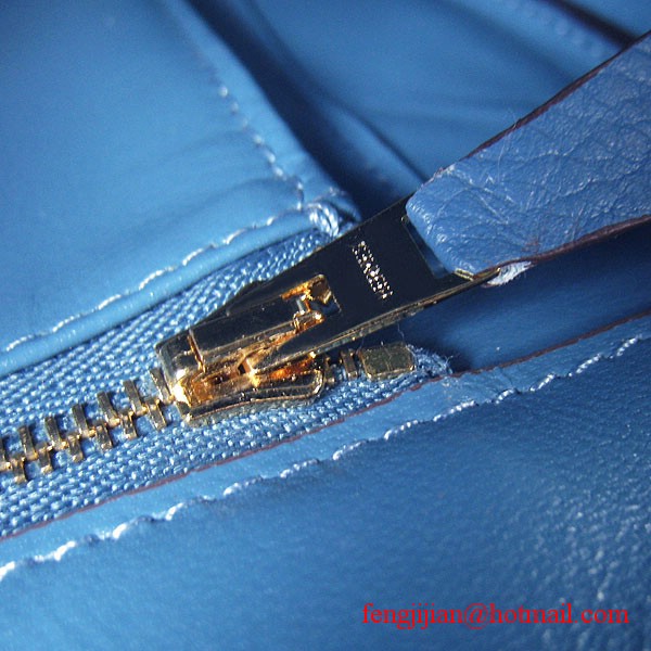 Hermes 35cm Embossed Veins Leather Bag Bule 6089 Gold Hardware